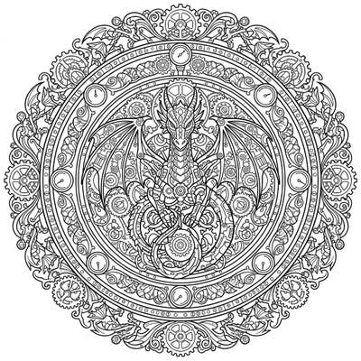 Embark on an intricate coloring journey with this unique Steampunk Dragon Mandala. This complex design combines mythical power with industrial elegance, perfect for adult colorists.
