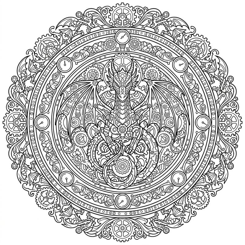 Embark on an intricate coloring journey with this unique Steampunk Dragon Mandala. This complex design combines mythical power with industrial elegance, perfect for adult colorists.