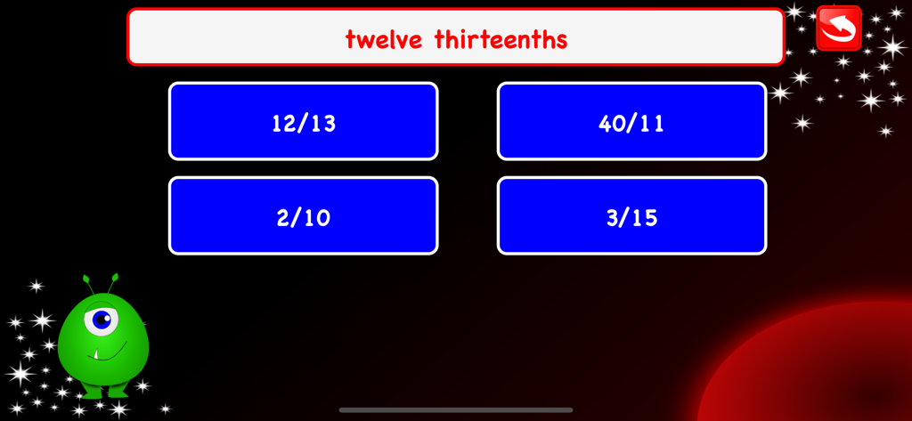 Fractions Learn Games for Kids - Interfaz de juego matemático educativo que muestra un cuestionario de opción múltiple para identificar la fracción doce treceavos