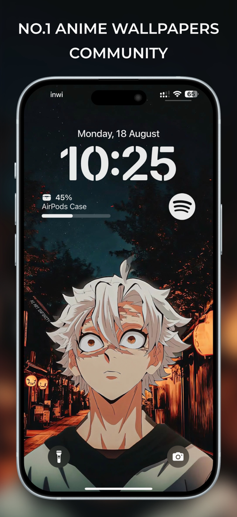 iPhone-Sperrbildschirm mit einem hochwertigen Anime-Charakter-Hintergrundbild mit benutzerdefinierten iOS-Widgets