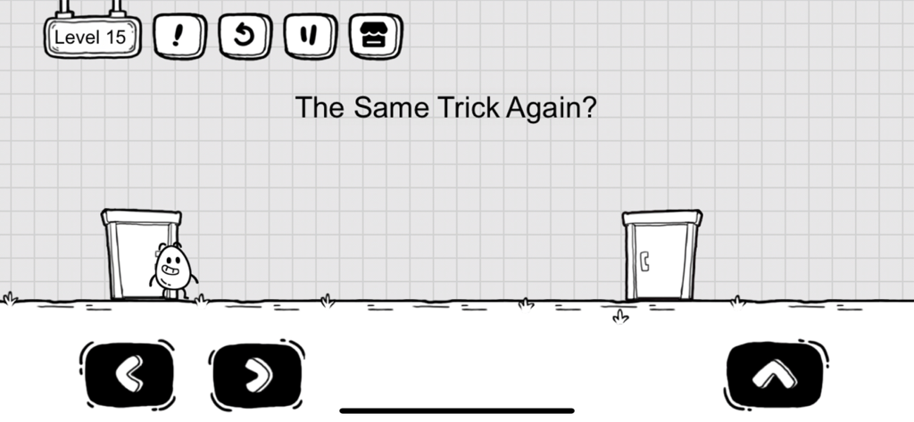 Mr. Egg- Puzzle Master - Minimalist hand drawn doodle style gameplay screenshot of Mr. Egg Puzzle Master showing a character between two doors on level fifteen.