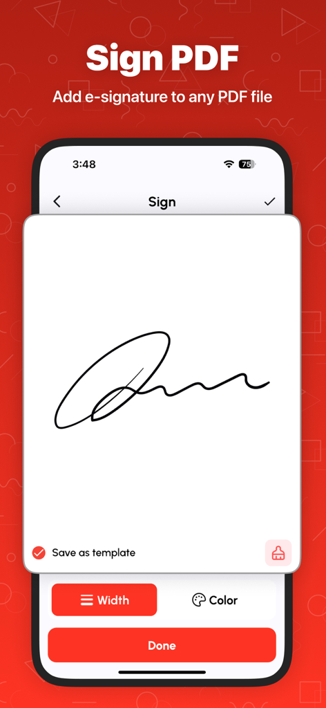 Merge PDF - Combine PDF - Pantalla móvil que muestra la función para agregar una firma electrónica a un documento PDF