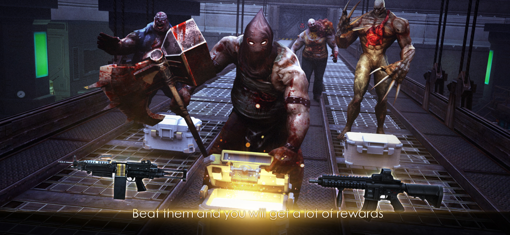 Death Invasion : Zombie Games - Mutant zombie bosses in a dark corridor with weapons and reward crates.