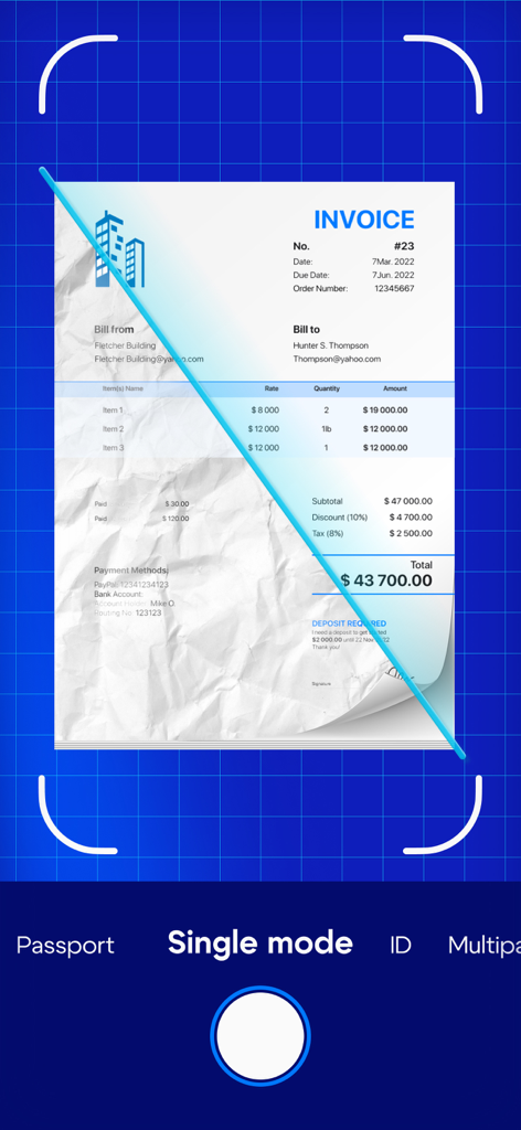 Interfaz de la aplicación PDF Scanner AI mostrando una factura física siendo escaneada y mejorada digitalmente