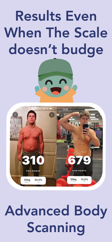 Pantalla de la aplicación Pipo AI que muestra una transformación corporal de antes y después con resultados de análisis de músculo y grasa.
