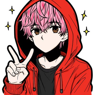 teenage manga boy in a hoodie, doing ✌