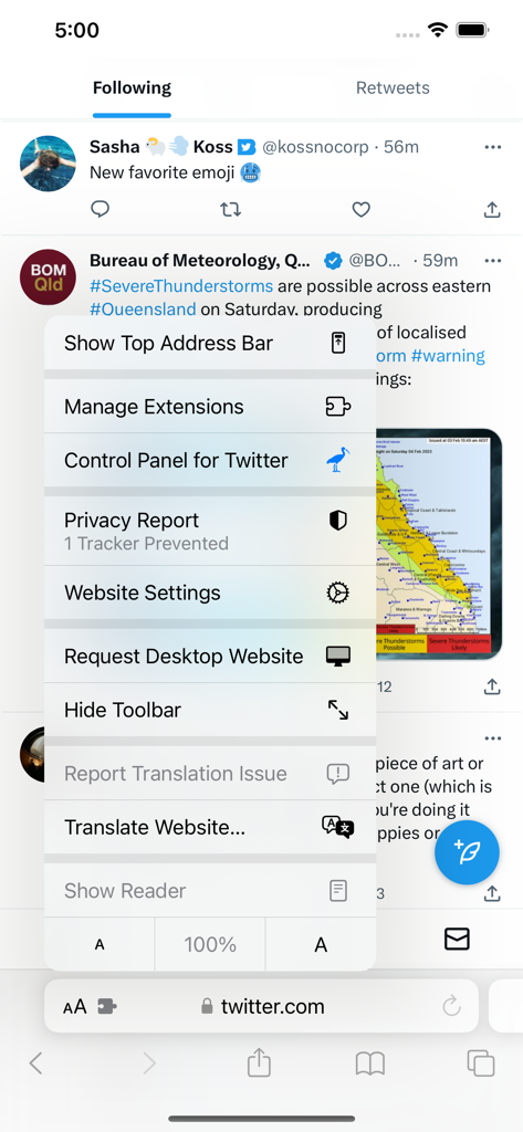 Safari menu showing Control Panel for Twitter extension on iPhone