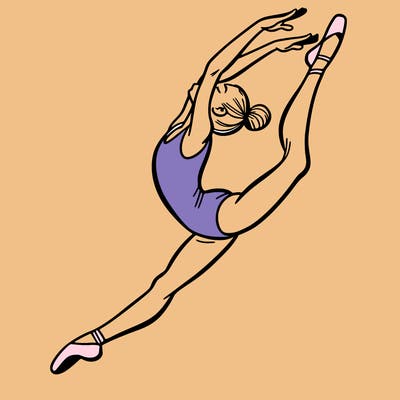 gymnast doing a leap in a leotard with a bent back leg