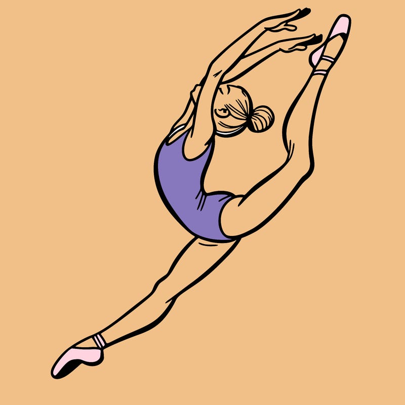gymnast doing a leap in a leotard with a bent back leg