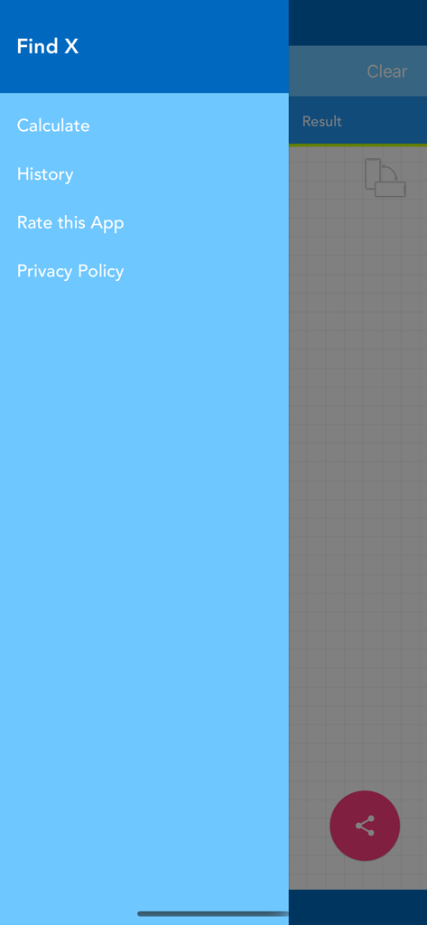 Simplify & Solve Equation - Menu laterale dell'app Semplifica e Risolvi Equazioni che mostra le opzioni per Calcola e Cronologia