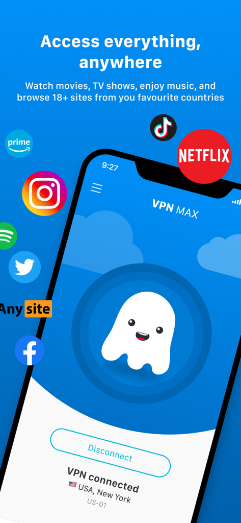 VPN MAX: Super Secure Proxy - Interface do aplicativo VPN MAX conectada a um servidor dos EUA mostrando acesso a plataformas de streaming e mídia social.