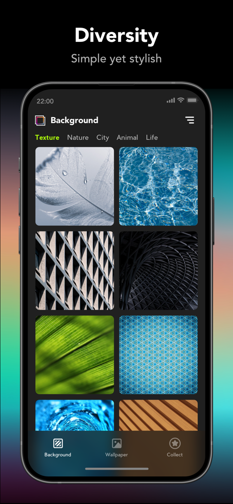 Lumi HD Wallpaper&Color Shop - A smartphone displaying the Lumi HD Wallpaper app with a grid of diverse texture backgrounds under the categories section.
