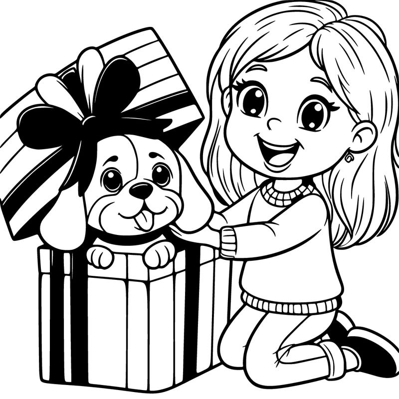 happy girl opening a gift with beagle inside