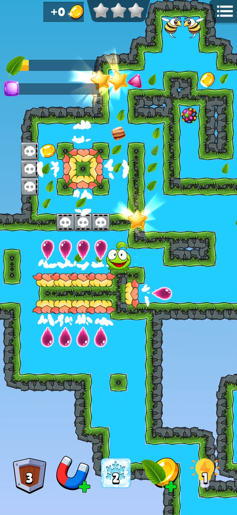 Gameplay-Bildschirm von Sugar Rush, der einen grünen Charakter in einem Süßigkeiten-Themen-Labyrinth zeigt.