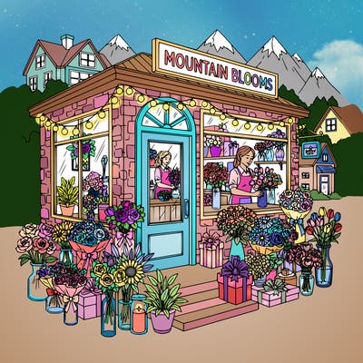 flower shop in a small mountain town, show the different flowers, different designs and gifts, string lights, women working there