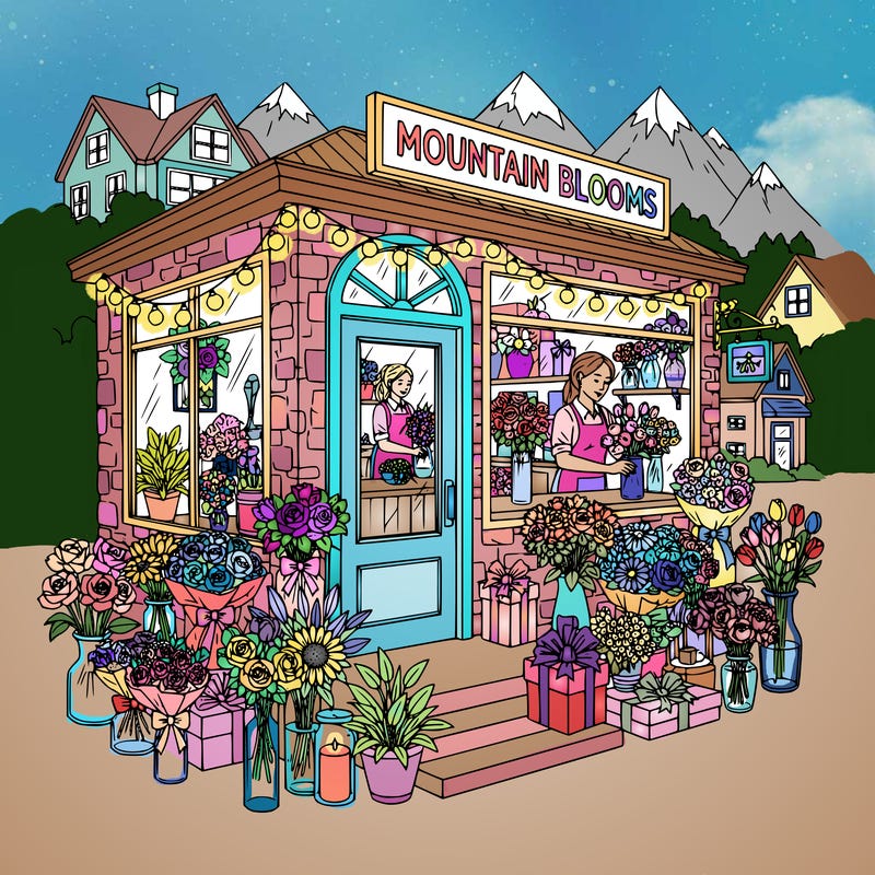 flower shop in a small mountain town, show the different flowers, different designs and gifts, string lights, women working there