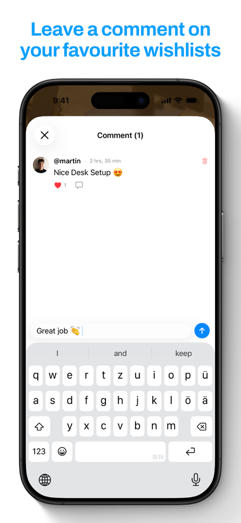 Wishlist – Share & Discover - A screenshot of the Wishlist app showing the social comment section on a user list