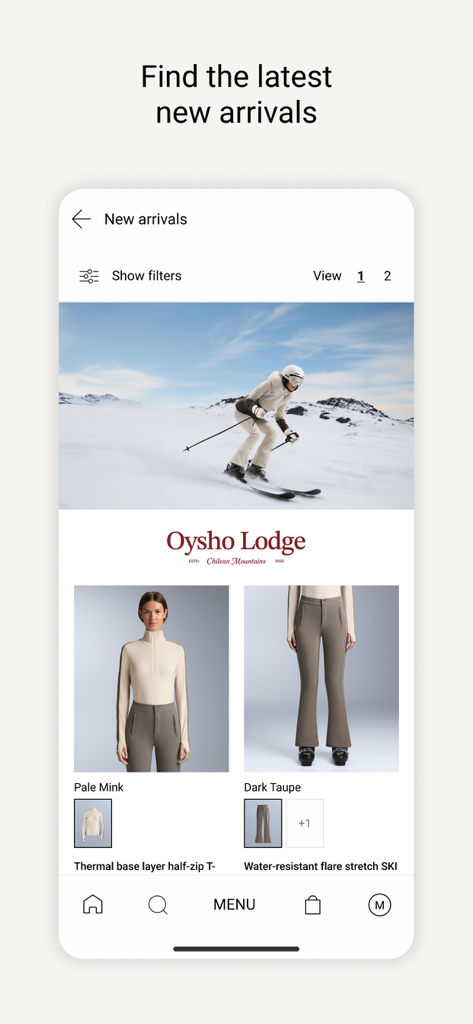 Interfaccia dell'app OYSHO che mostra la nuova collezione da sci in arrivo