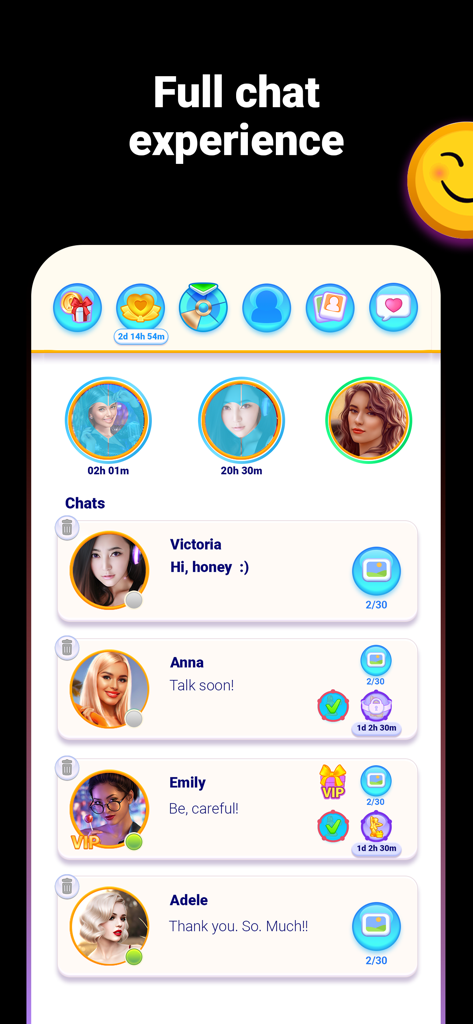 Loverz: Virtual love stories - Mobile app interface of Loverz showing a list of active chat conversations with virtual characters