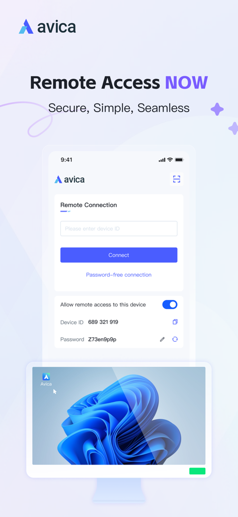 Avica Remote Desktop - Avica Remote Desktop mobile app interface showing remote connection options and a desktop preview