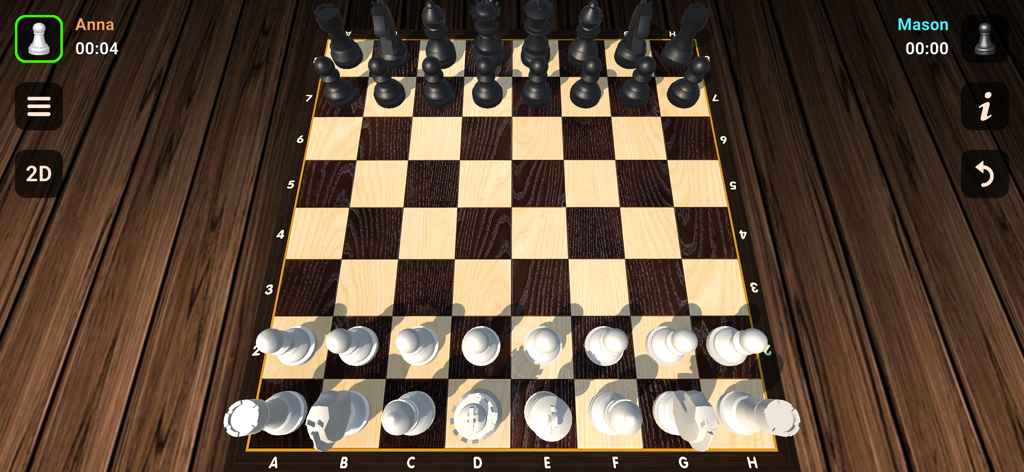 A 3D chess game interface with pieces on a wooden board for two players.