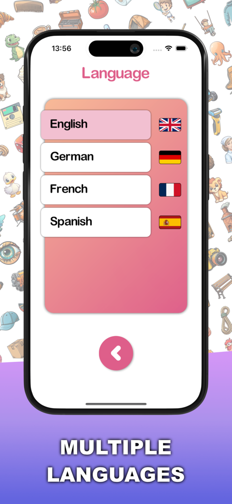 Pics 2 Words - Menú de selección de idioma de la aplicación Pics 2 Words con opciones para inglés, alemán, francés y español.