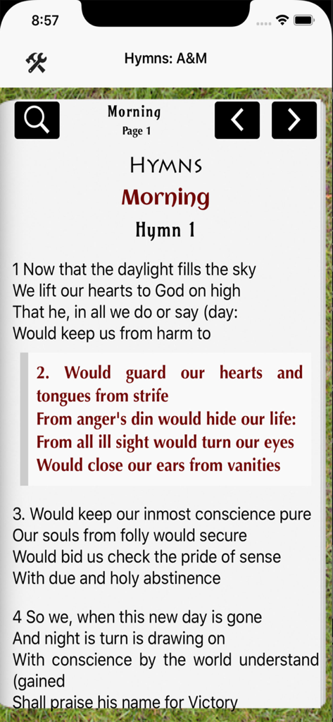 Hymn Book - A mobile app screenshot showing the lyrics of a morning hymn in the Hymn Book application