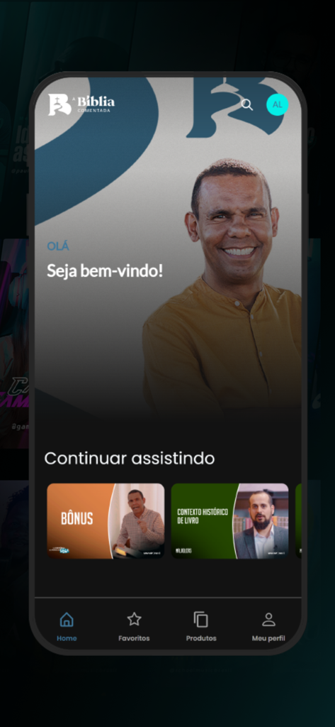 Tela inicial do aplicativo A Bíblia Comentada com o Dr. Rodrigo Silva e recomendações de cursos em vídeo