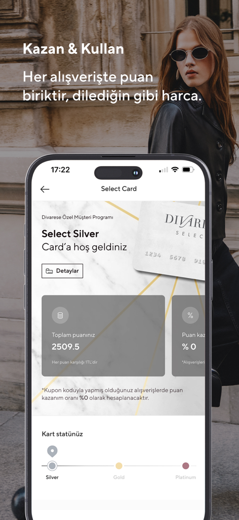 Divarese app Select Card loyalty rewards screen showing silver tier status and point balance.
