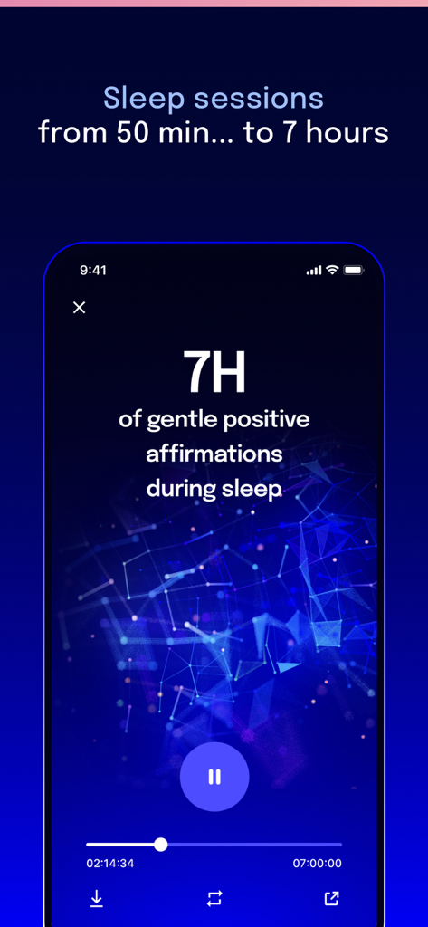 Deep Belief - Self hypnosis - Deep Belief app interface showing a seven hour session of gentle positive affirmations during sleep