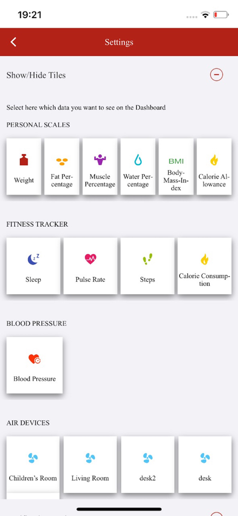 Dashboard settings screen in the Soehnle Connect app for selecting health and environmental data tiles.