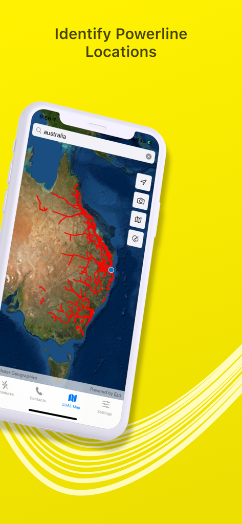 Look up and Live - Smartphone screen showing an interactive map of Australia with red lines marking powerline locations