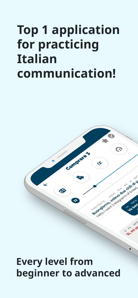 Italian language learning app interface showing conversational practice for all levels from beginner to advanced.