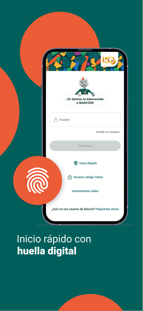 Bancón mobile banking app login screen showing fingerprint biometric authentication feature