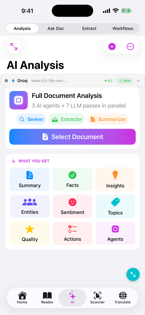 SeekerPDF - SeekerPDFモバイルアプリのインターフェース。高度なAIドキュメント分析とマルチエージェントワークフロー用。