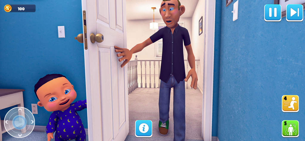 Hide And Seek: Find Daddy Game - A mischievous baby in star pajamas hiding behind a door while daddy searches for him in a house