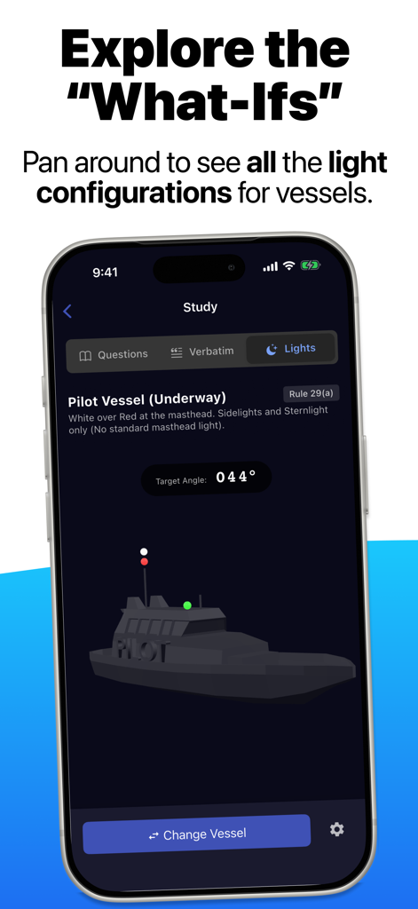 Neptune: Navigation Rules - Interface of Neptune Navigation Rules app showing a 3D model of a pilot vessel with navigation lights for maritime training