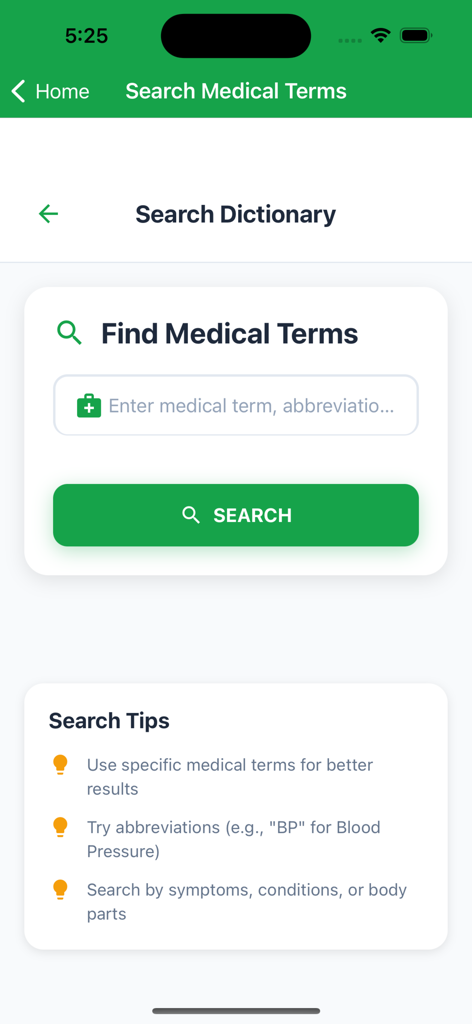 Medical Nursing Dictionary - Interfaz de búsqueda de la aplicación Diccionario Médico de Enfermería con un campo de entrada de texto para términos y abreviaturas y una lista de consejos de búsqueda.