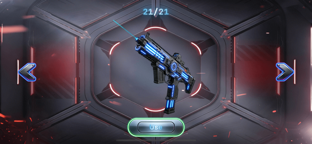 Gun Sound: Watch Weapon Box - Un fucile sci-fi futuristico blu neon visualizzato in un'interfaccia di simulazione di armi high-tech