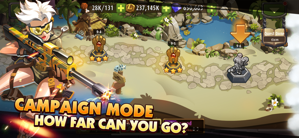 Tela do modo campanha do Magic Rush Heroes com uma personagem sniper feminina e um mapa de níveis mostrando o progresso através das fases