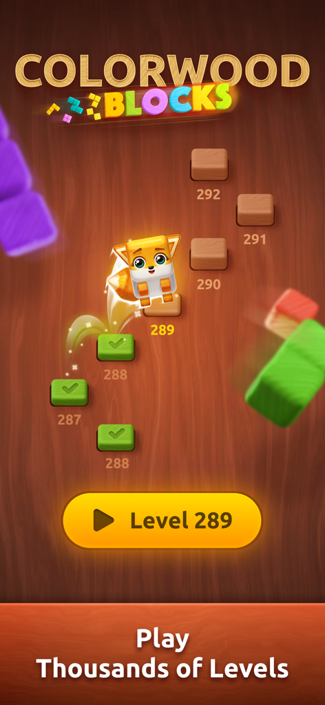 Colorwood Blocks: Wood Puzzle - Schermata del gioco Colorwood Blocks che mostra un percorso di progressione dei livelli in legno con un personaggio volpe.