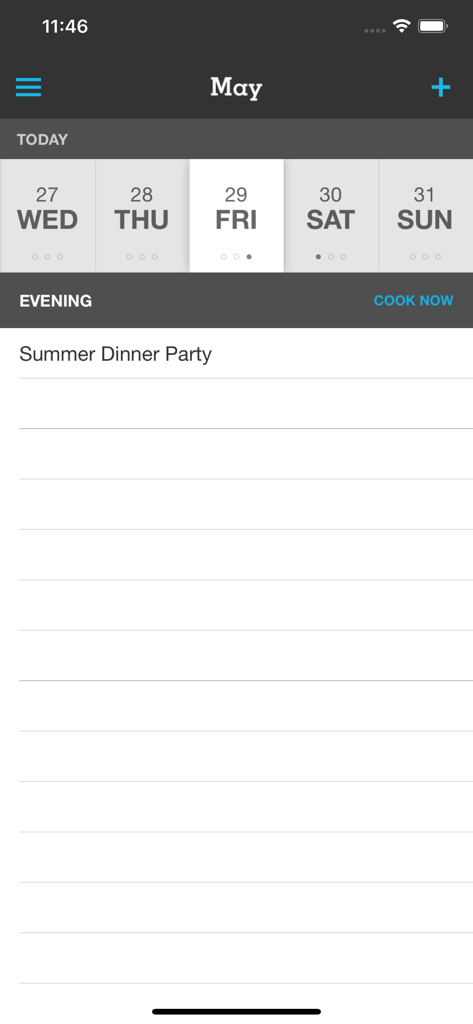 Pepperplate Cooking Planner - Meal planning calendar in the Pepperplate app showing a scheduled summer dinner party