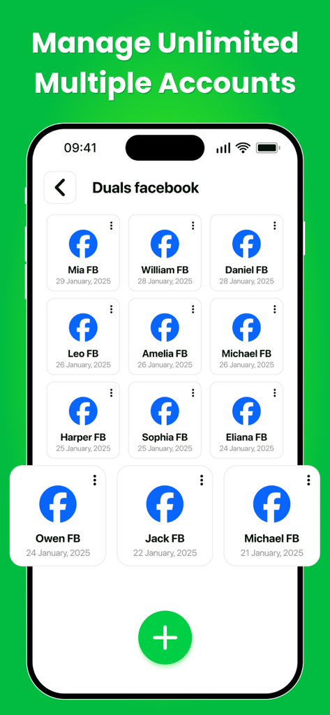 Interface showing multiple cloned Facebook accounts managed within the Dual Accounts and Parallel Space app