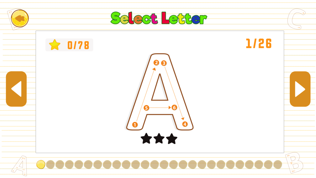 Educational screen from ABC Kids app showing guided tracing instructions for the uppercase letter A