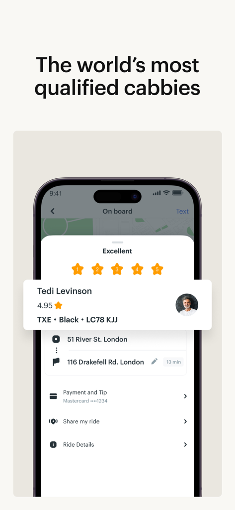 Gett app screen showing a five star rating for a licensed London taxi driver
