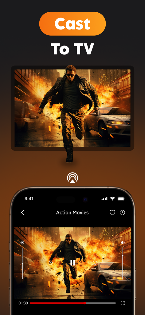 Smart IPTV Player - Online TV - Smart IPTV Player app interface showing an action movie being cast from an iPhone to a TV screen