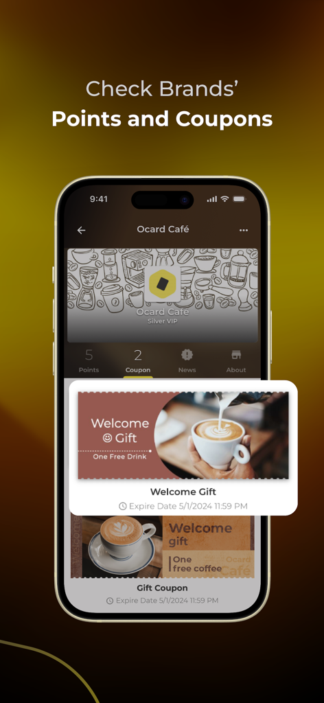 Ocard: Rewards and Coupons - Ocard app interface displaying digital coupons and loyalty points for a cafe