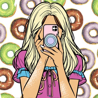 a realistic girl holding her phone taking pictures