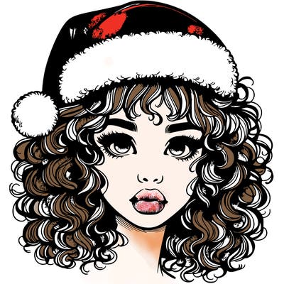 realistic girl with a santa hat curly hair and lips