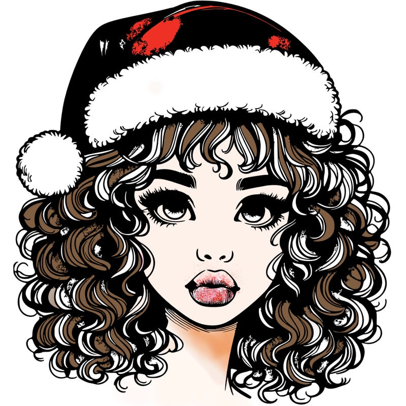 realistic girl with a santa hat curly hair and lips